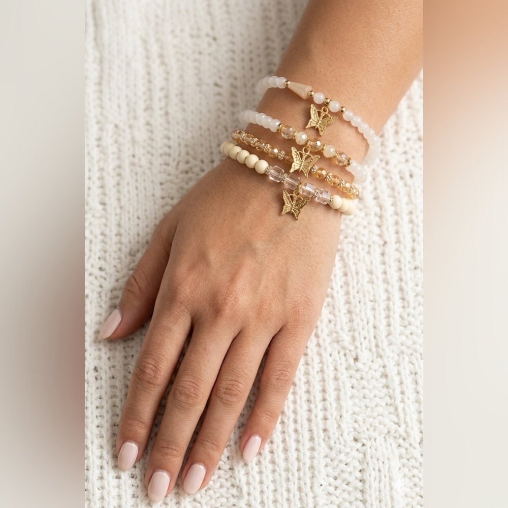 Set of 4 Elastic Bracelets Butterfly Gold Beads White Crystal Boho Jewelry